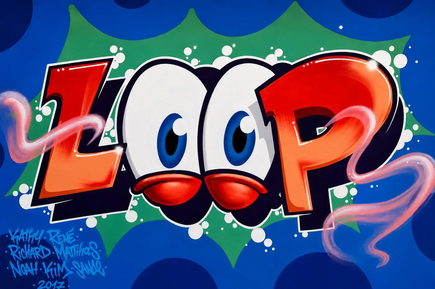 Das LOOP-Graffiti mit den großen Augen an der Wand des Jugendzentrums
