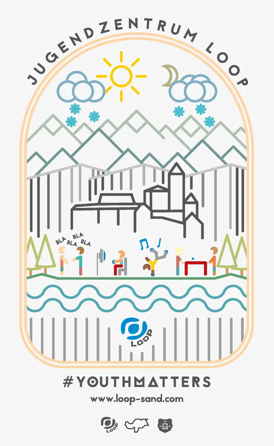 Das Loop-Wear-Motiv: Jugendzentrum Loop, Burg Taufers, Berge und Jugendliche als Linienzeichnung, darunter #youthmatters